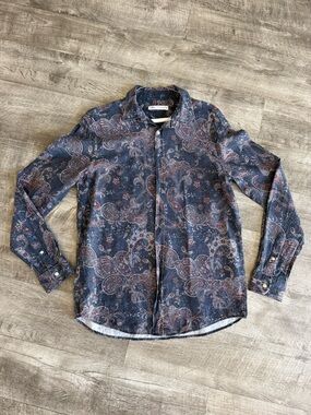 Zara Navy and Burgundy Paisley Button Front Shirt